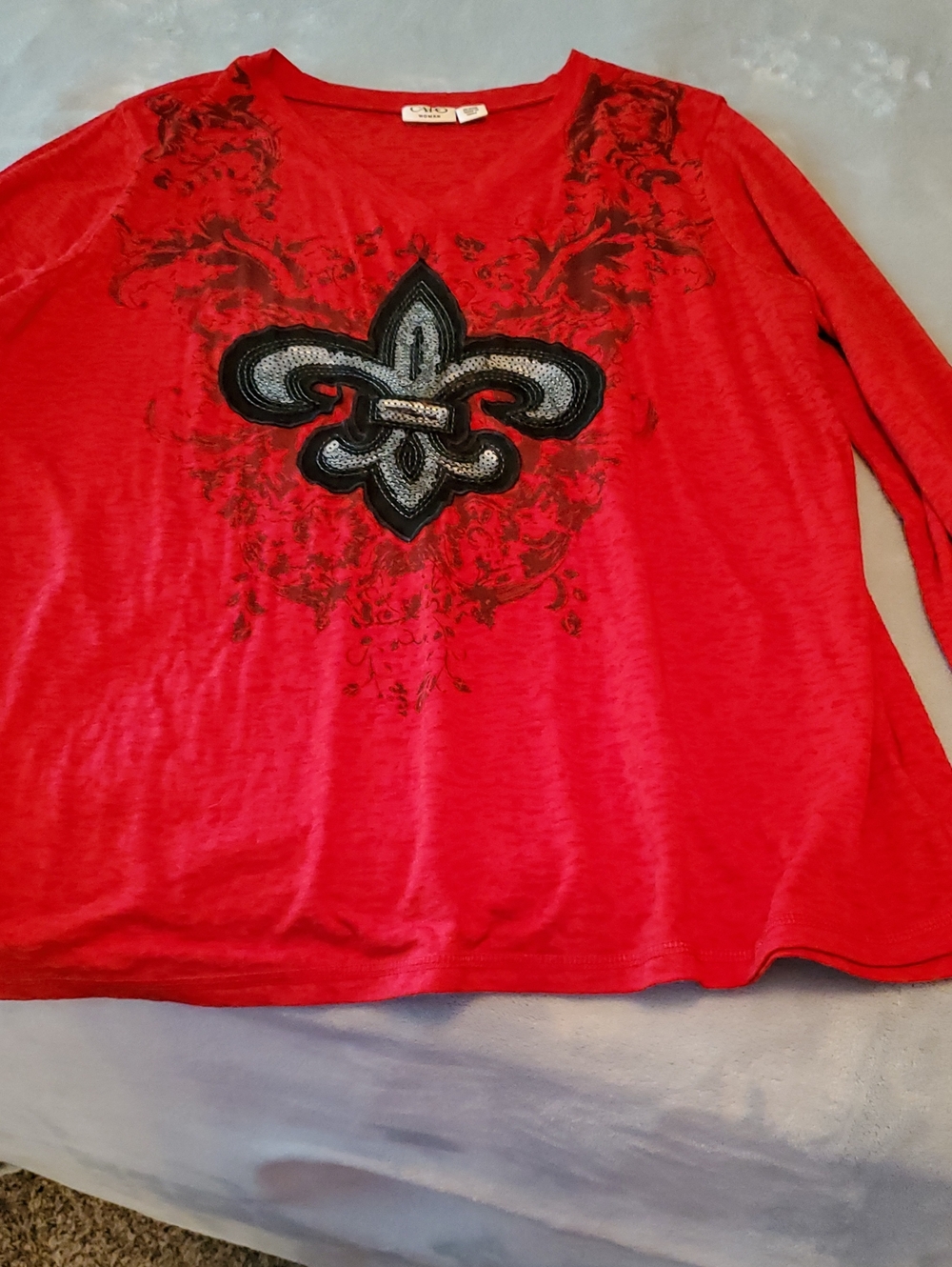 Cato Red Long-Sleeve Top with Sequined Fleur Embellishment